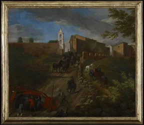 Koets en reizigers bij Madonna del Riposo nabij Rome